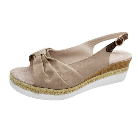 

ZAROYEAX Ladies Fashion Summer Solid Color Fabric Casual Straw Bottom Wedge Buckle Sandals
