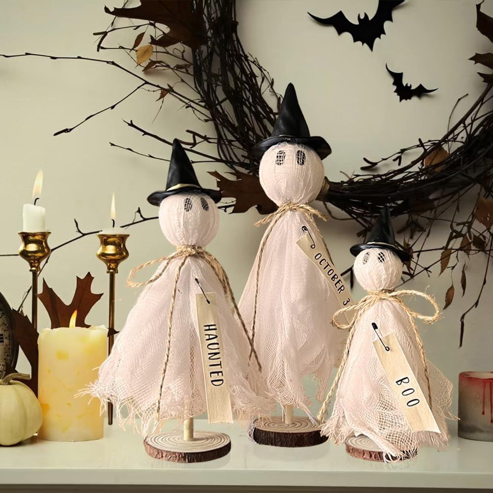 Primitive Halloween Ghost Set with Wizard Hats on Wooden Stands for Rustic Home Decor