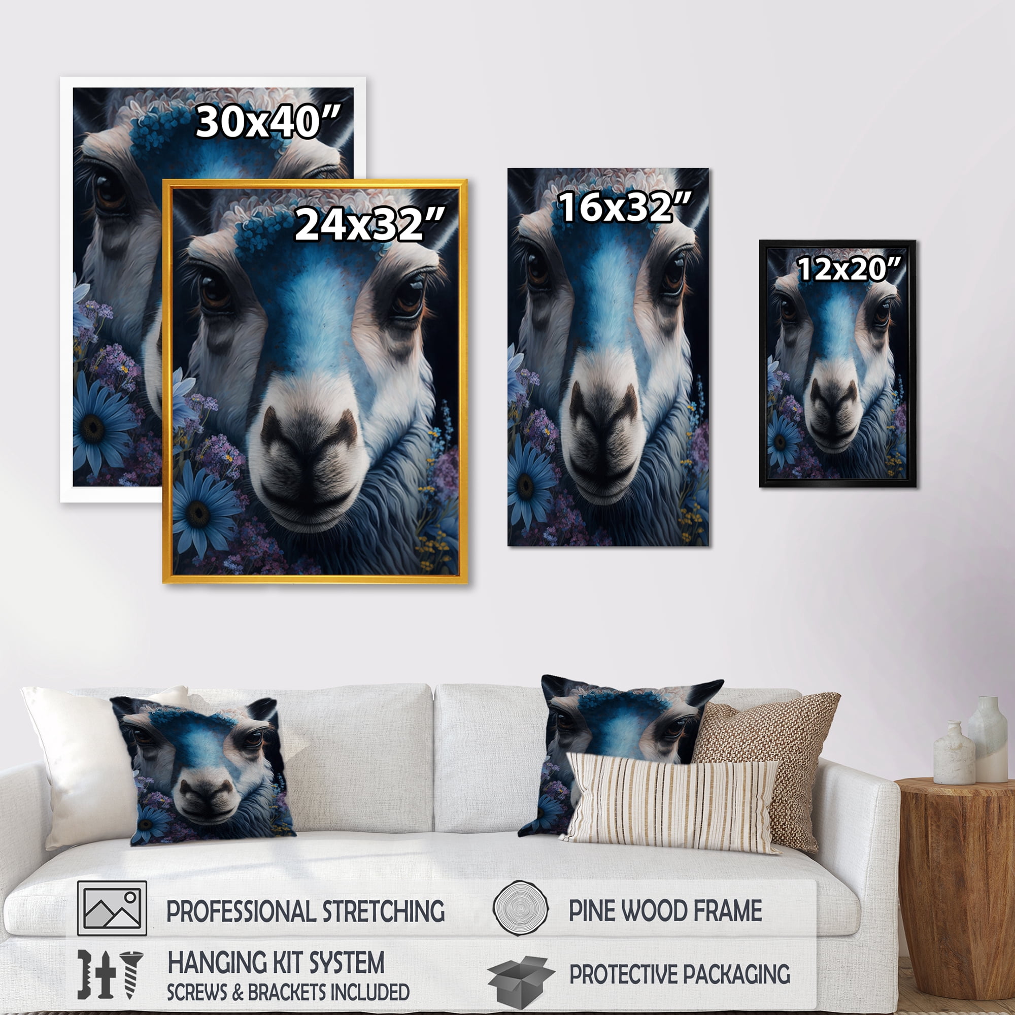 Designart Llama Portrait With Flowers II Canvas Wall Art