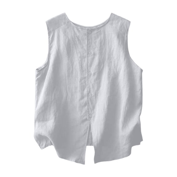 Daznico Women's Round Neck Sleeveless Linen Blend Back Button Tank Top Casual Summer Tops,L