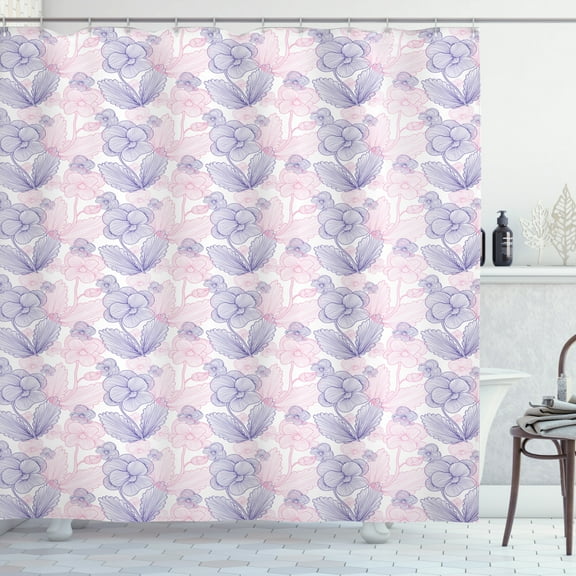 Pastel Shower Curtain, Fresh Spring Season Inspired Composition with Striped Pansy Flowers, Fabric Bathroom Set with Hooks, 69W X 70L Inches, Pale Pink Violet White, by Ambesonne