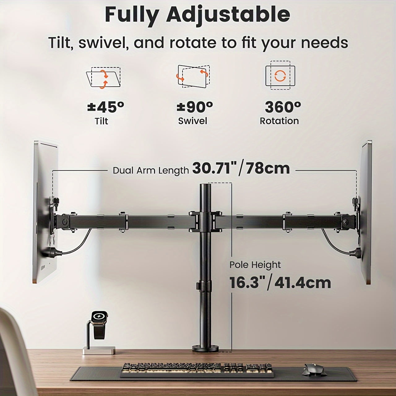 Heavy Duty Dual Monitor Stand for 13-32 Inch Screens, Fully Adjustable Desk Mount with C-Clamp/Grommet, 45° Tilt 360° Rotation, VESA 75/100, Holds 17.6lbs per Arm, Black