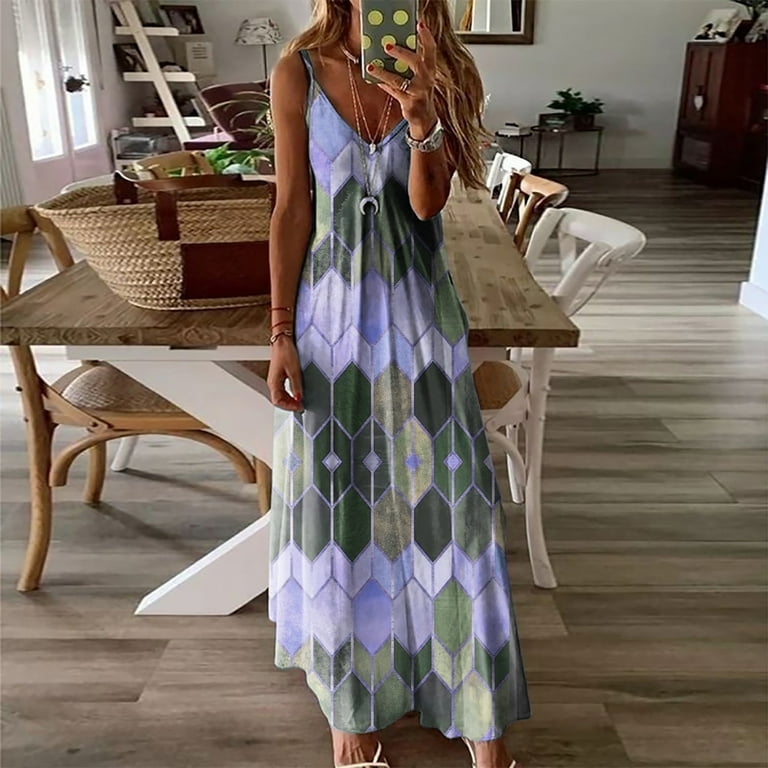 Sayhi Print Plus Casual Fashion Sleeveless Women Size Vest Dress V Neck Long Dress Women s Dress Dresses for Women over 70