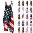 thumbnail image 1 of Frostluinai Combinaison Rouge Blanc et Bleu pour Femmes Col Rond Bretelles Spaghetti Réglables Jambes Larges Salopettes en Lin Drapeau Américain avec Poche, 1 of 5
