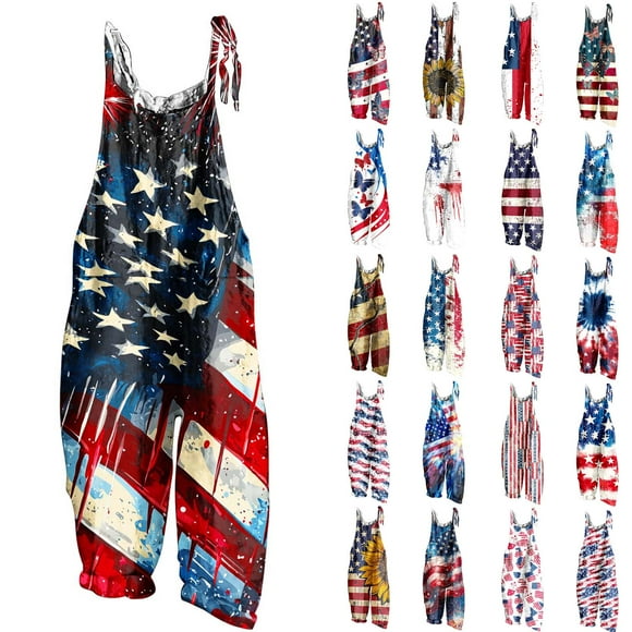 Frostluinai American Flag Overalls Women Floral Print Linen Jumpers Adjustable Spaghetti Strap Crew Neck Wide Leg Jumpsuits with Pocket
