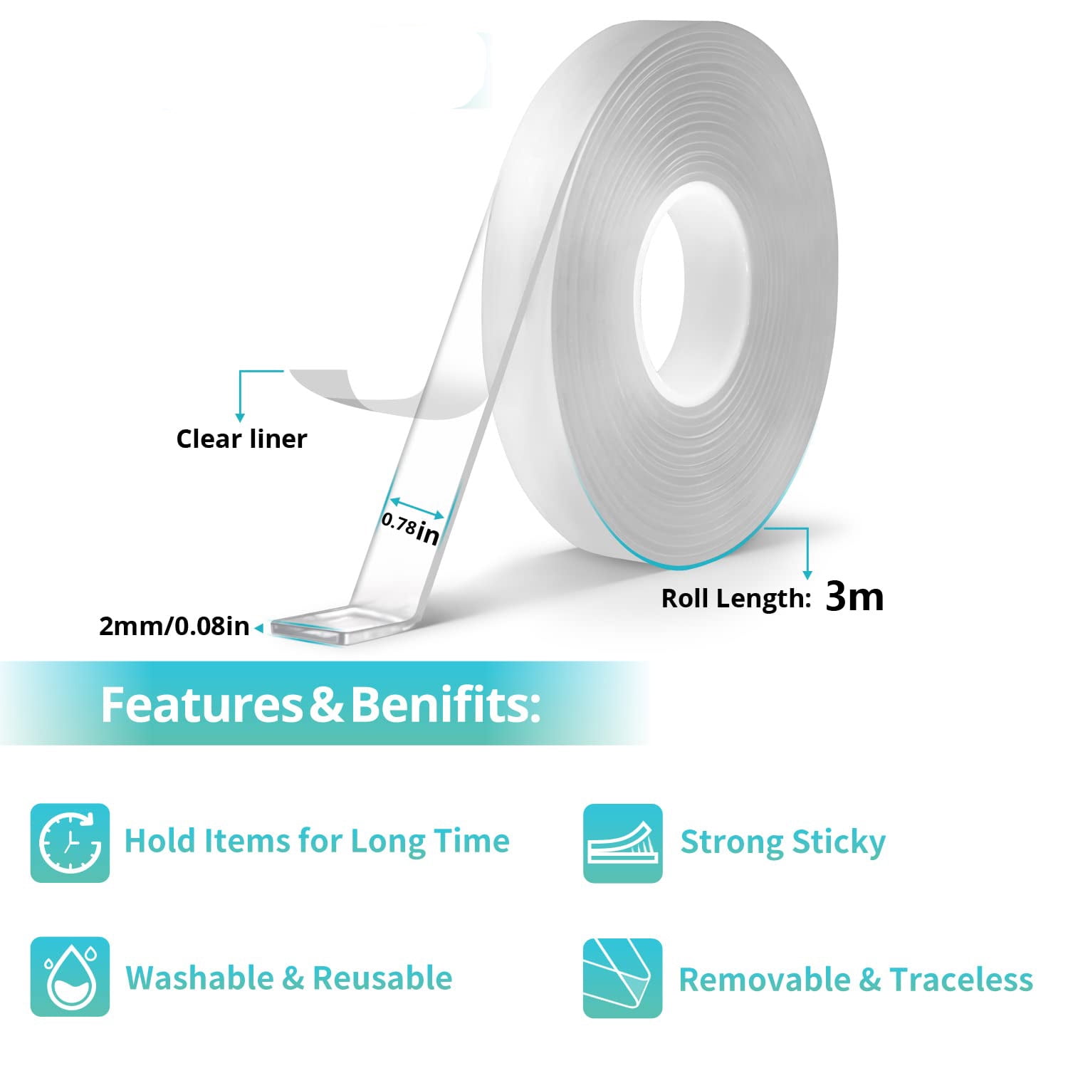 1Pack Double Sided Tape Heavy Duty,Multipurpose Transparent Poster Tape, Adhesive Strips Strong Sticky Mounting Tape Transparent Tape Picture Hanging