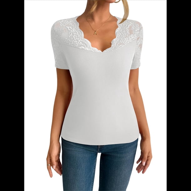 Camisetas de Corta con Cuello en V y Encaje para Mujer, Camisetas Básicas Ajustadas de Punto Acanalado, Estilo Informal de Verano para Negocios L