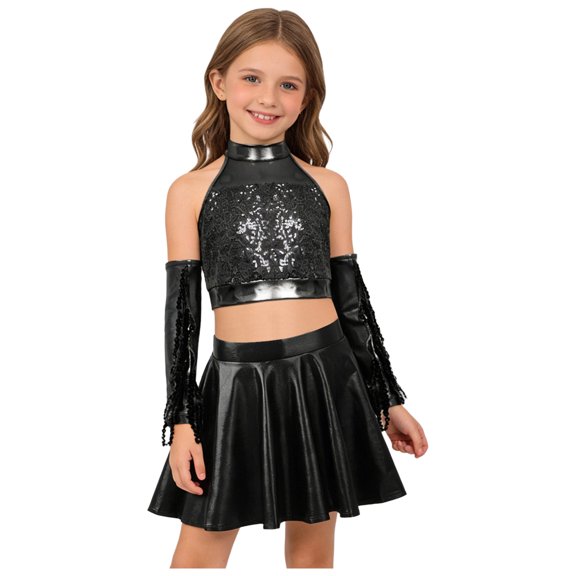 YiZYiF Girls 4pcs Jazz Dance Set Sequins Crop Top with Ruffle Skirt & Gloves Shiny Latin Cha Cha Dance Outfits Black 6