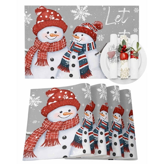 Christmas Placemats Set of 6, Christmas Snowman Place Mats Winter Snowflake Grey Placemat Table Decoration for Kitchen Table Dinner Xmas Holiday Party Home Decor Indoor Outdoor 13x19 Inch