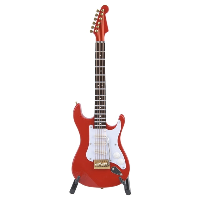 Delicada colección de adornos de guitarra eléctrica de madera en miniatura de 18 cm con soporte (roja)