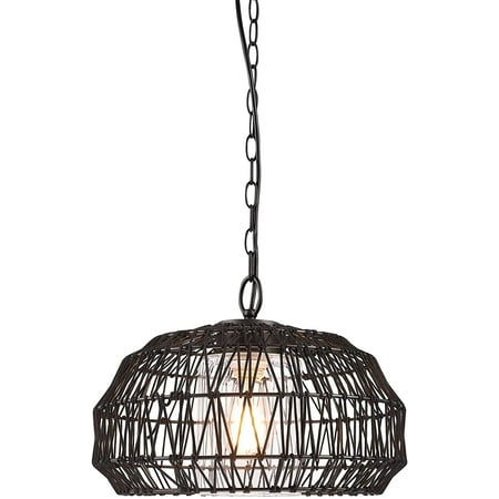 

Novogratz x Globe 44759 1-Light Outdoor Plug-in Pendant Light Black Woven Fabric Shade Matte Black Designer Black Fabric Hanging Cord E26 Base Socket Kitchen Island Café Ceiling Hanging Light