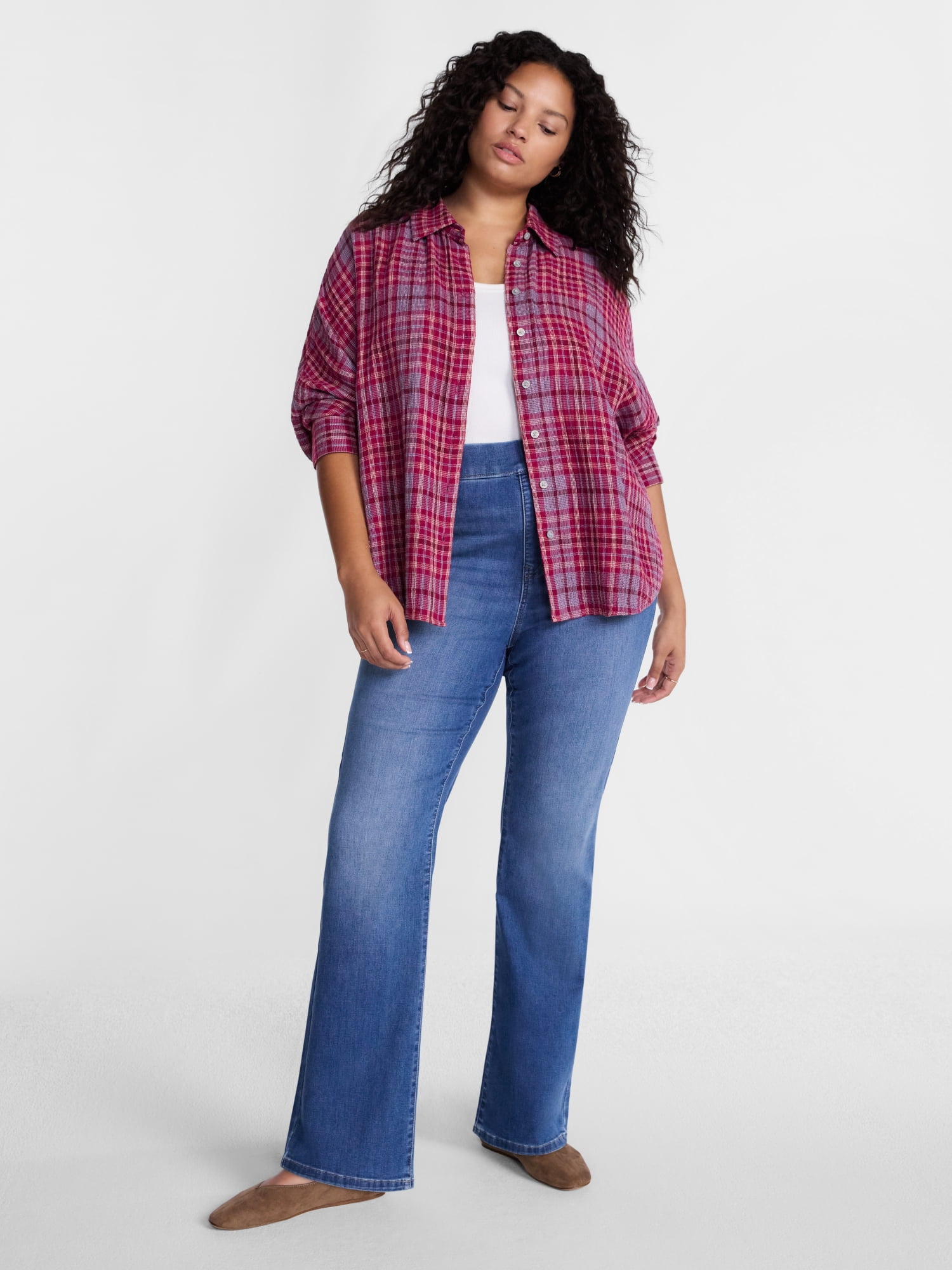 Terra & Sky Women's Plus Button Front Woven Shirt with Long Sleeves, Sizes 0X- 5X