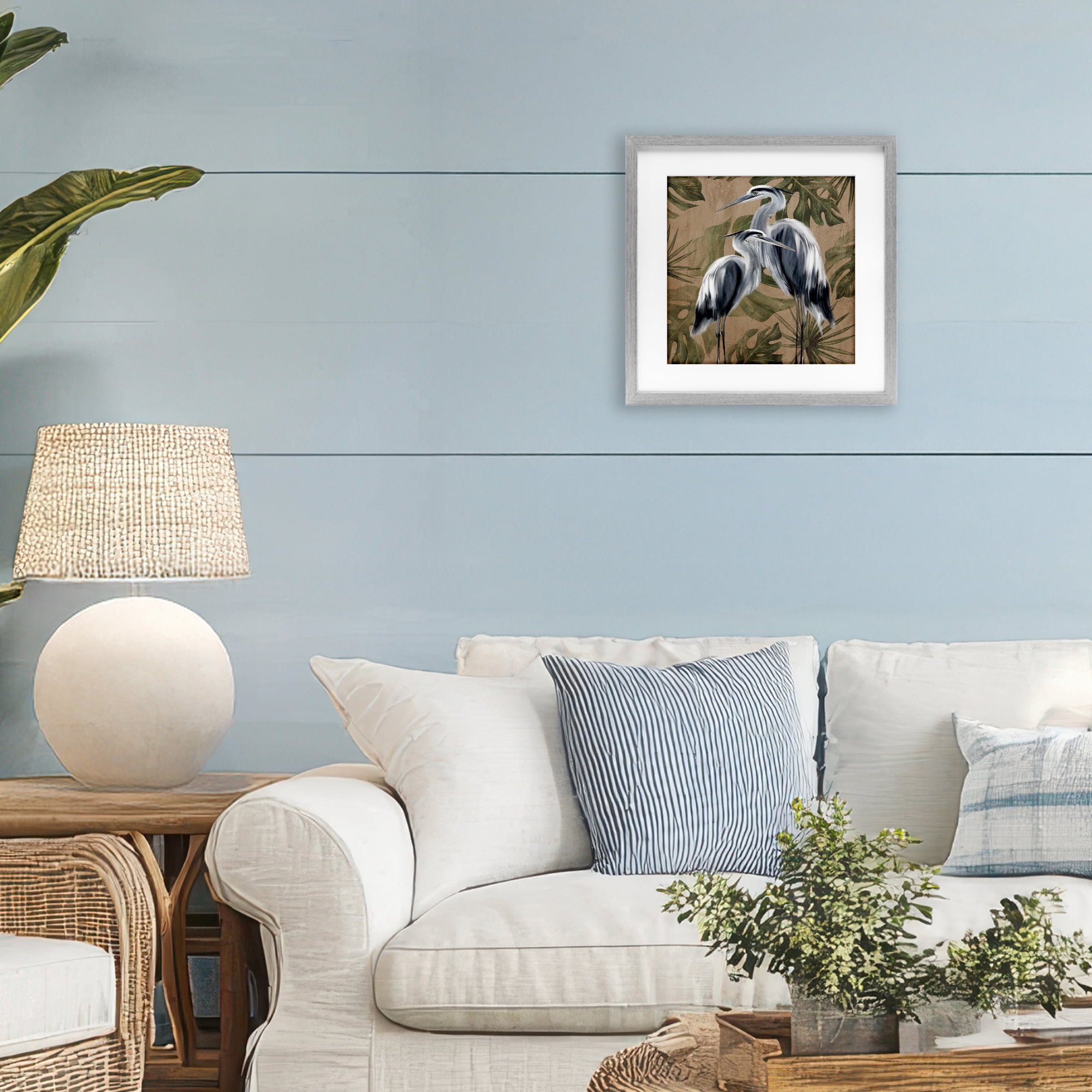 Stupell Industries Two Herons over Tropical Leaves Gray Framed Print Under Glass, design by Kim Allen
