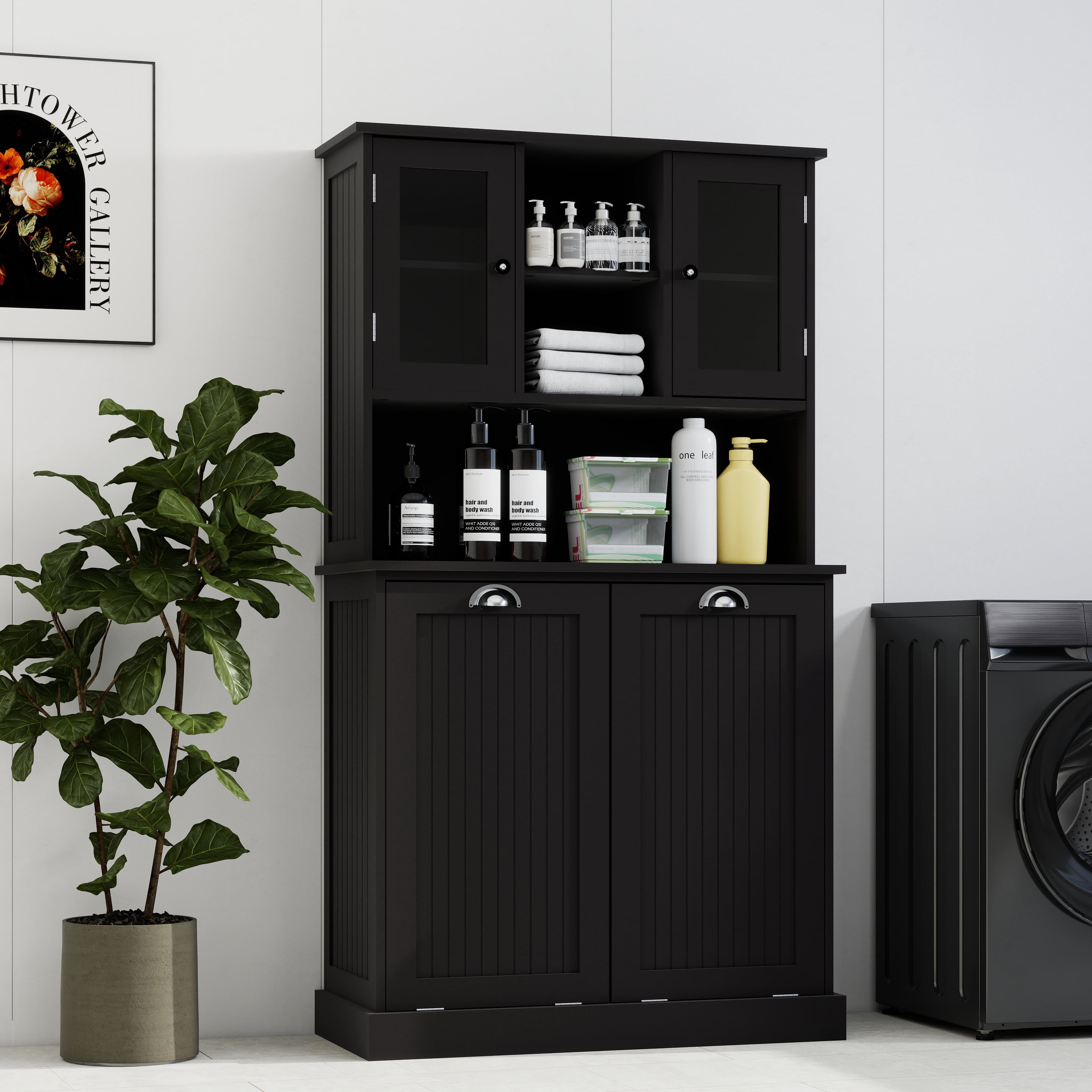 Mintazer Laundry Hamper Cabinet with 2 Compartment Tilt-Out Removable Laundry Baskets and Adjustable Shelves for Bathroom Laundry Room,Black