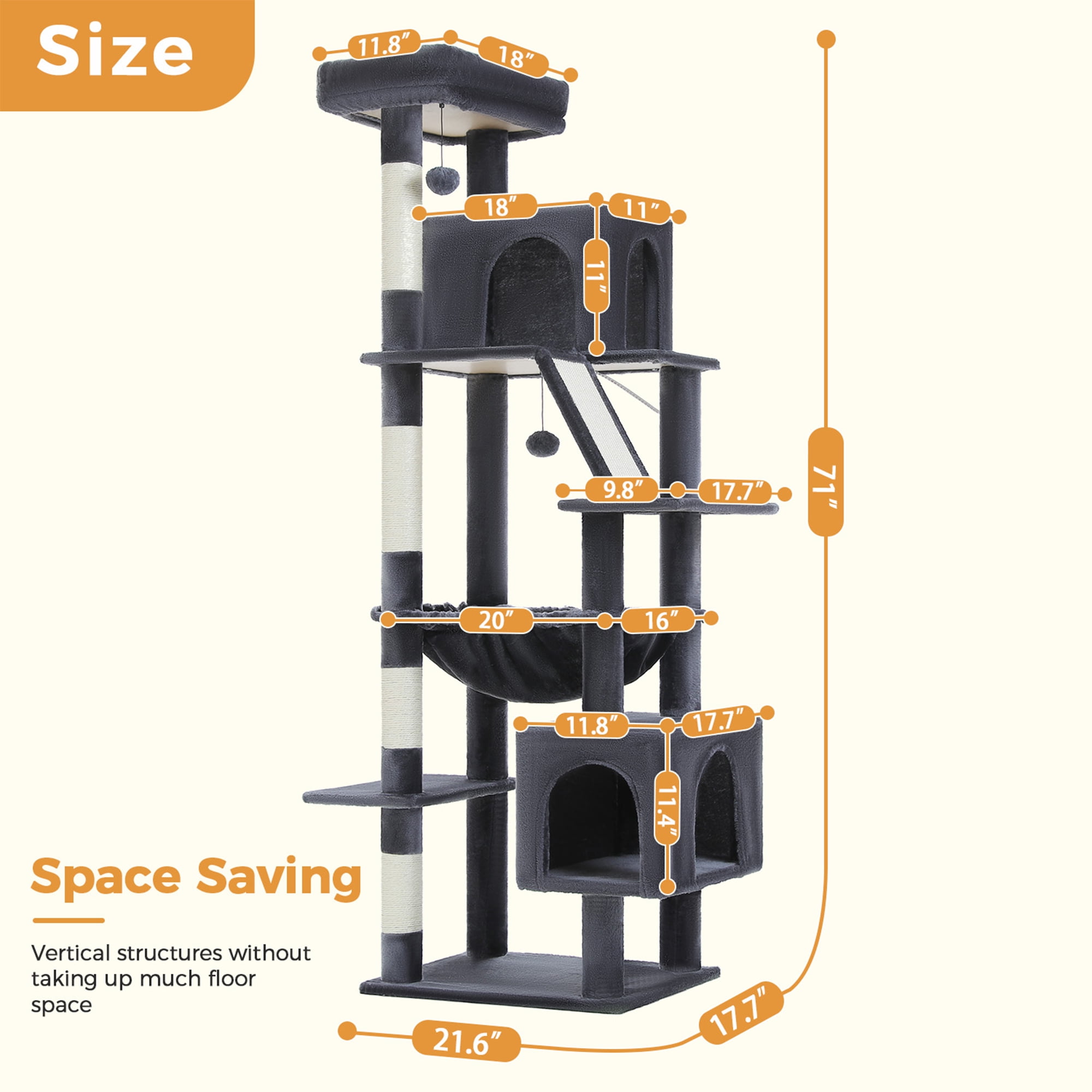 Kadyn 71" Cat Tree Tower for Indoor Cats, Plush Multi-Level Cat Condo with Scratching Posts, Perches, Hammock, 2 Pompoms, Dark Gray