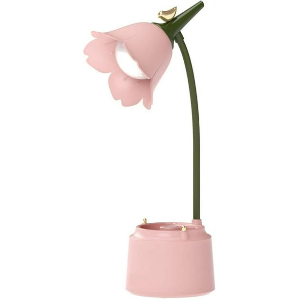 Lámpara de escritorio LED para niños (rosa), lámpara de mesa con forma de flor y pájaro, recargable por USB, lámpara de lectura con luz ajustable y sensor táctil, lámpara decorativa para dormitorio.