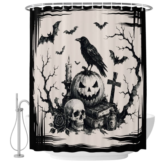 60x72 Inch Shower Curtains for Bathroom, Halloween Bath Curtain Decor, Farmhouse Skulls Pumpkins Crow Bats Spooky Rustic Waterproof Restroom Curtains Shower Set Accessories with 12 Hooks 60 Inch