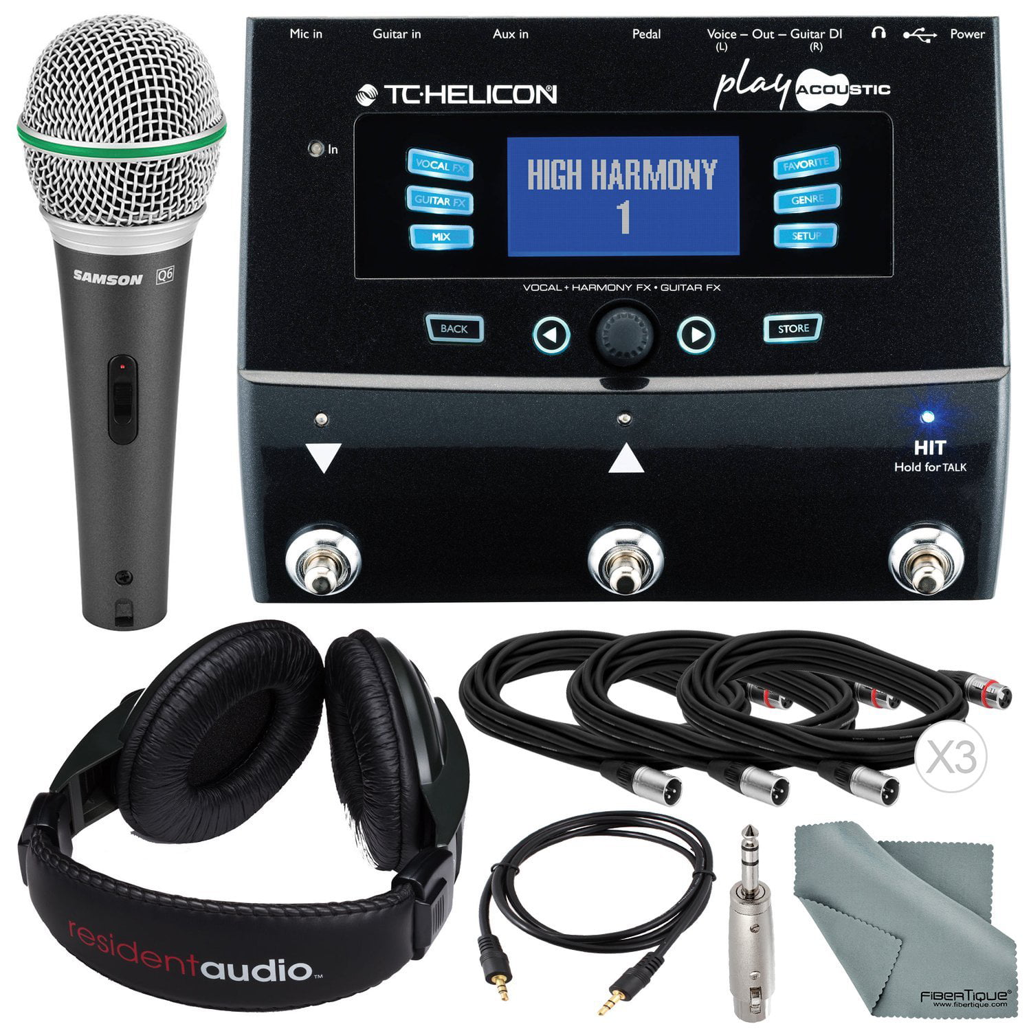 Stereo Headphones Fibertique Cloth Cables TC-Helicon Perform V Vocal Processor and Deluxe Accessory Bundle w/Samson Q6 Mic 