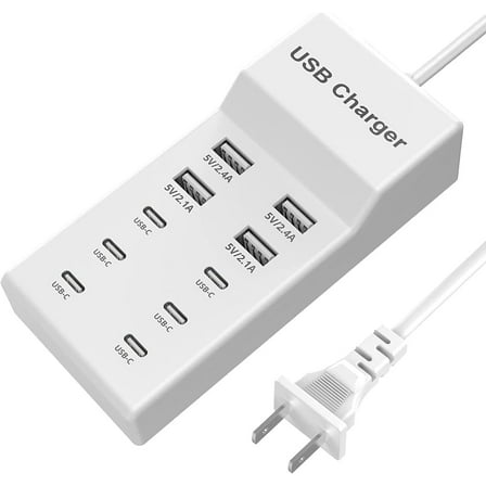USB C Charger,10 Ports USB Charging Station with 6 Ports USB-C, Desktop 50W Multi Ports Charger Compatible with iPhone 12/13/14/15/16/Galaxy S22/S23/S24/S25/Tablet/Watch/Headphones
