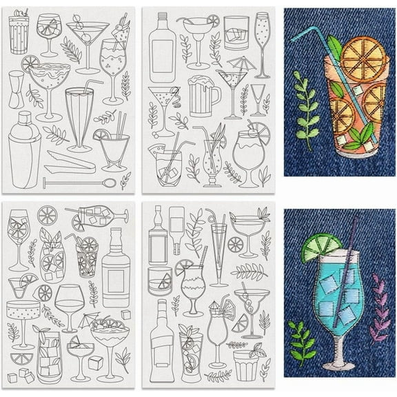 4 Sheets 11.6x8.2 Inch Stick and Stitch Embroidery Patterns Non-woven Fabrics Water Soluble Embroidery Stabilizers Drink 297x210mmm