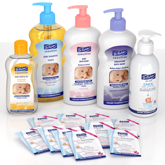 Dr. Fischer Baby Bath Gift Set Newborn Essentials Baby Wash Baby Oil and Eye Wipes Set of 6