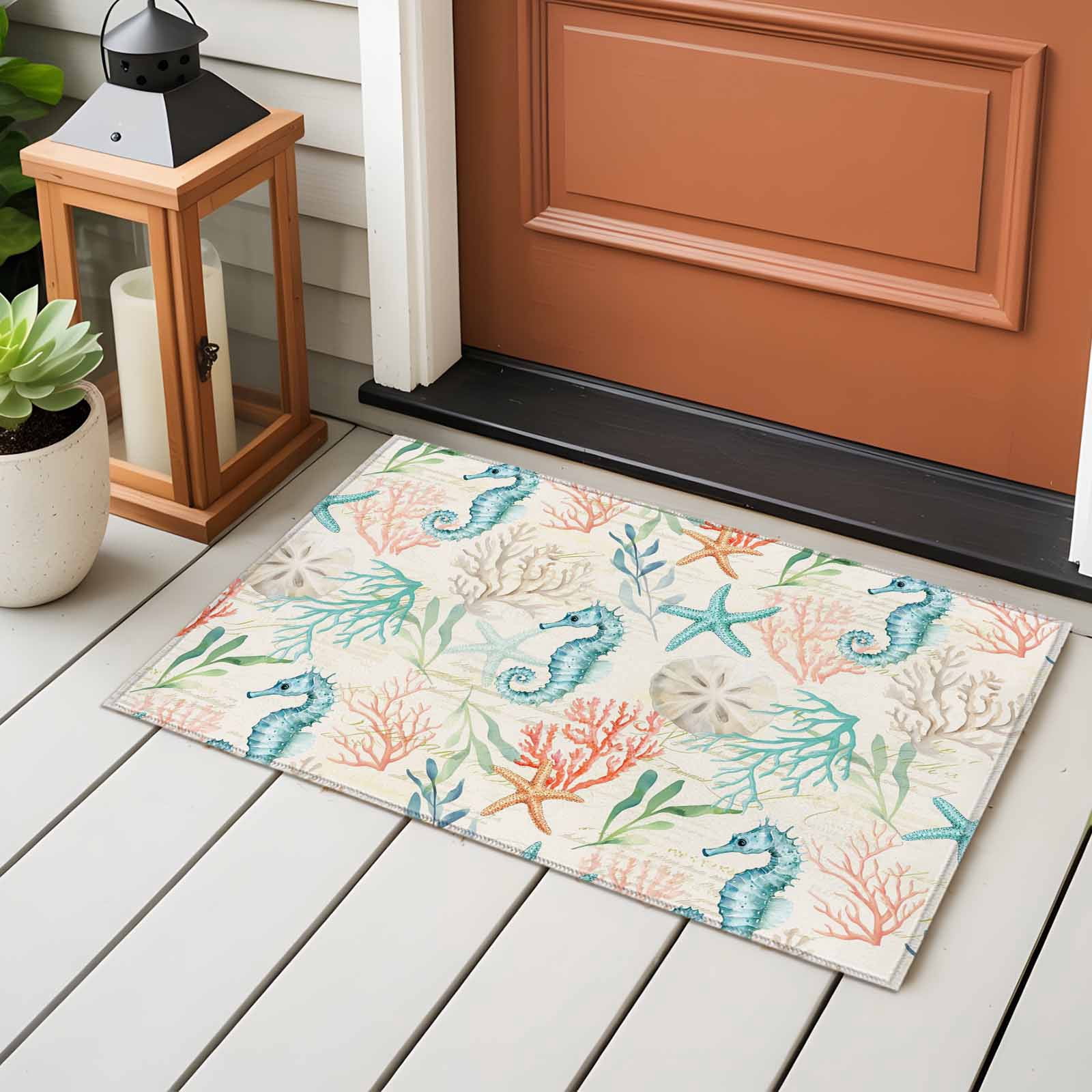 Entryway Rug 2'x3', Teal Red Coastal Small Rug for Kitchen Bathroom Door Mat Indoor Entrance, Nautical Seahorse Beach Coral Starfish Retro Non-Slip Area Rugs Floor Mats Carpet Front Door Rugs