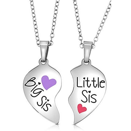 Big Sis Lil Little Sis Necklace for 2 Heart Halves Matching Sisters Jewelry Gift Set Best Friends - Sister Necklaces for 2 (Big Sis Purple - Little Sis