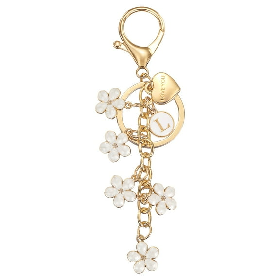 Initial Letter Keychain, Cute Flower Letter-L Keychains for Women Girls White