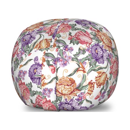 Floral Storage Toy Bag Chair  Vintage Colorful Flowers and Curls on White Background Romantic Spring Pattern Print  Stuffed Animal Organizer Washable Bag  Small Size  Multicolor  by Ambesonne