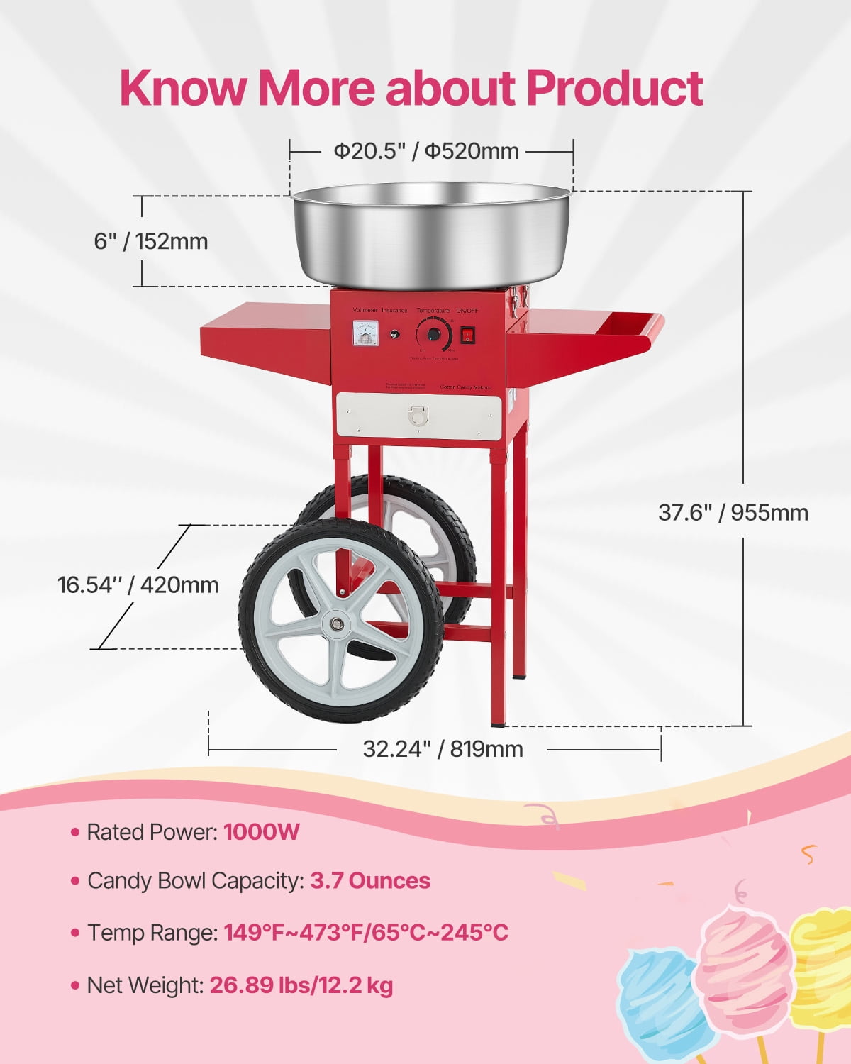 VEVOR Electric Cotton Candy Machine with Cart, 1000W Commercial Candy Floss Maker with 20.5 in Stainless Steel Bowl, Sugar Scoop, and Drawer, Easy to Use, for Home, Kids Birthday, Family Party, Red