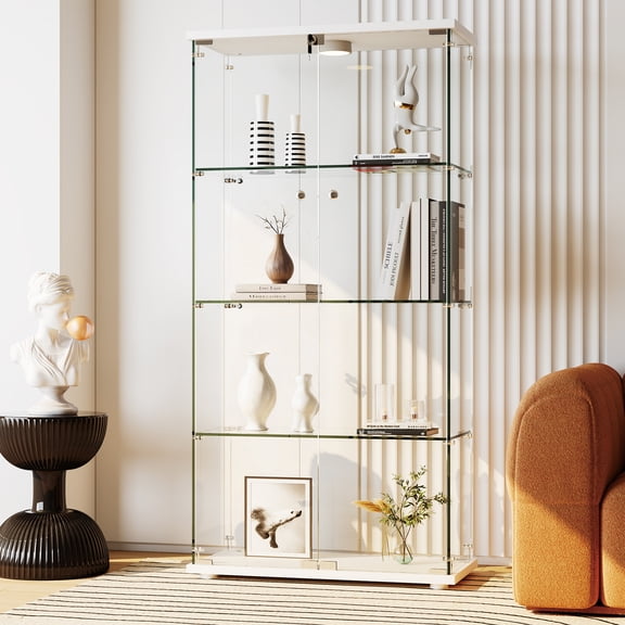 Tempered Glass Display Cabinet with LED Light, 4 Shelves Lockable Curio Showcase, Double Doors Storage Cabinet for Living Room Bedroom Office (White)