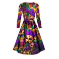 Huresd Mardi Gras Midi Dress Women Long Sleeve Feather Mask Print Party ...