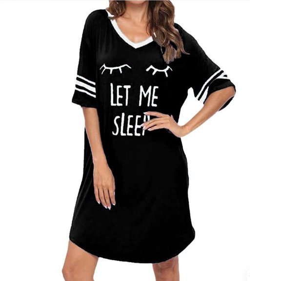 Sleep Shirts for Women Short Sleeve Cotton Novelty Night Shirts V Neck Oversized Nightgowns Cute Printed Nightdress