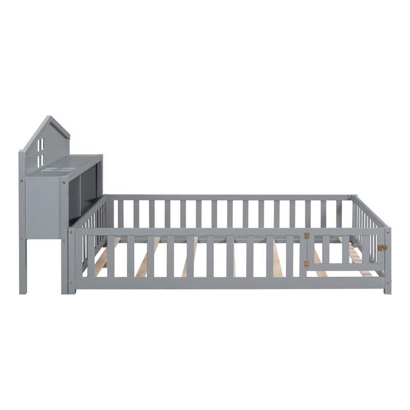 Bellemave Full Size Montessori Bed with Bookcase,Wooden Floor Bed with Fence Rails and Door, Full Playhouse Beds with Storage Headboards, No Box Spring Needed (Gray)