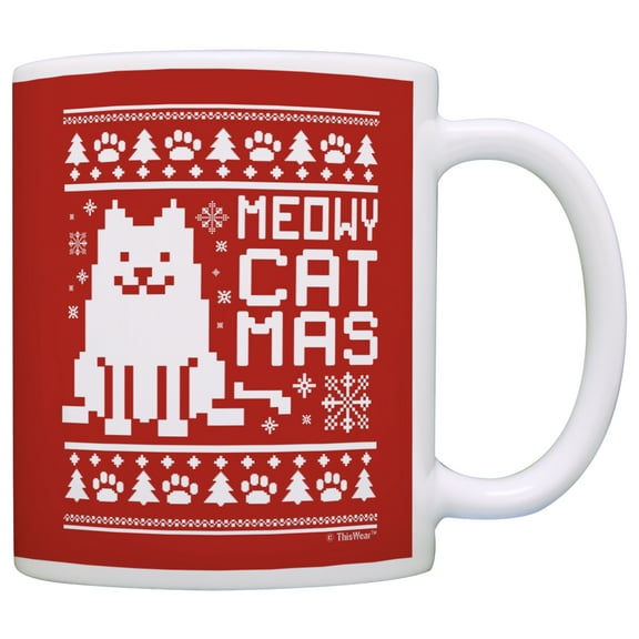 ThisWear Meowy Catmas Ugly Christmas Sweater Themed Yankee Swap White Elephant 11 ounce Coffee Mug Red
