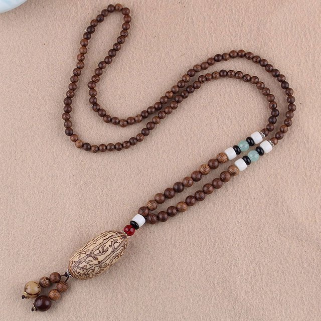 Cadena de suéter larga de madera estilo étnico retro, colgante Bodhi, collar de cuentas de madera, colgante de algodón y lino para hombres y mujeres, accesorios