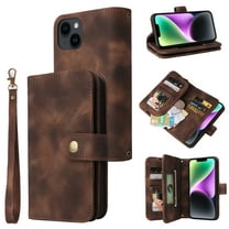 Dteck for Apple iPhone 14 Plus 6.7 inch Wallet Case for Women Men, Sturdy PU Leather Case Magnetic Flip Zipper 7 Cards Holder Wristlet & Shoulder Strap Kickstand Phone Case, Brown
