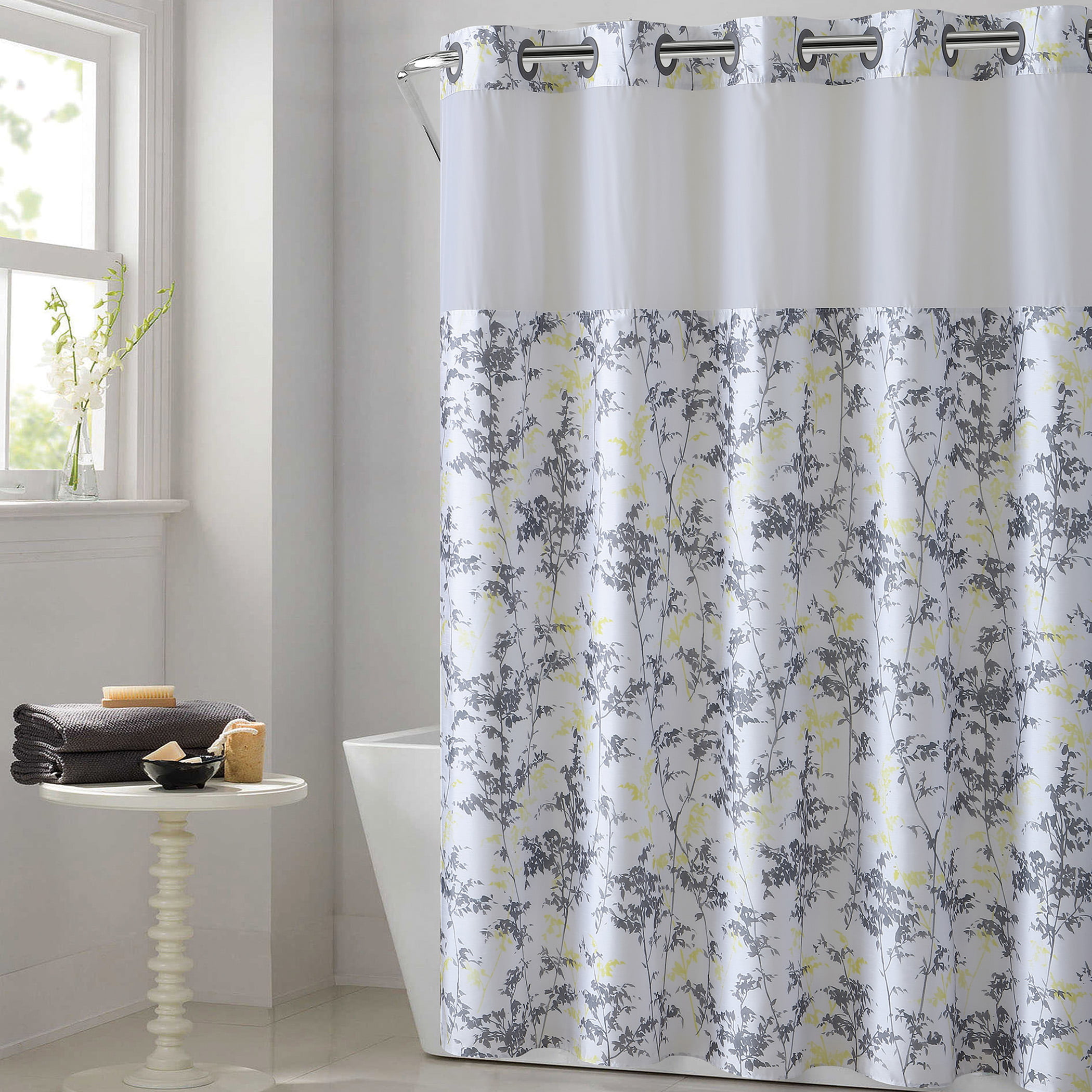 Hookless Shower Curtain Polyester Slanted Window Snap-On Removable Liner White 