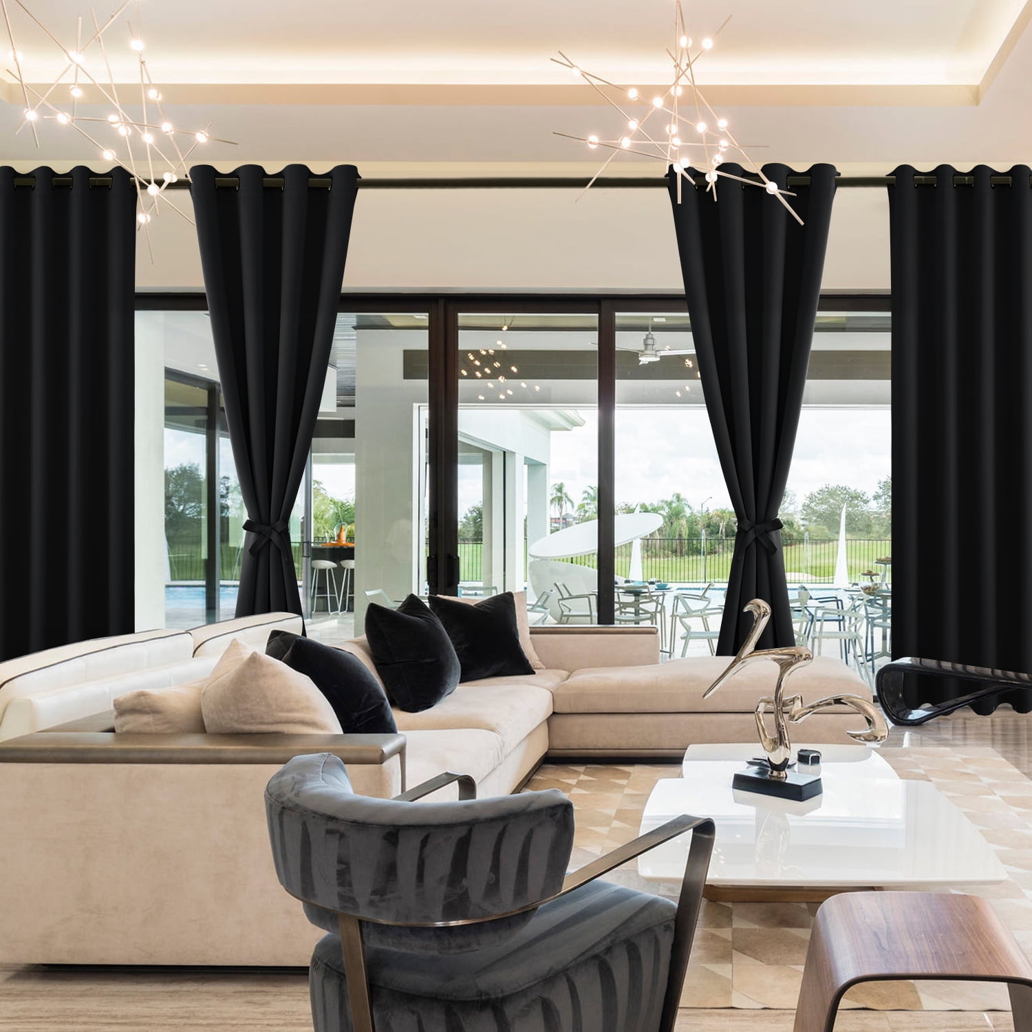 Hiasan Blackout Curtains for Bedroom Sewn with Tiebacks, Thermal Insulated Grommet Room Darkening Window Curtains for Living Room, Black, 52 x 45 Inches, 2 Panels