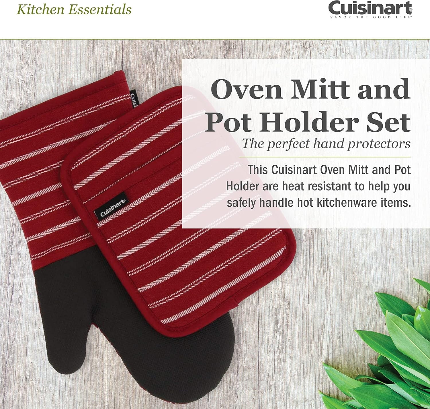 Neoprene Oven Mitts and Potholder Set-Heat Resistant Oven Gloves to Protect Hands and Surfaces with Non-Slip Grip, Hanging Loop-Ideal for Handling Hot Cookware Items, Twill Stripe Red Dahlia