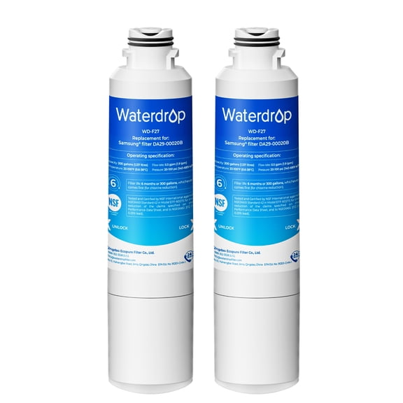 Waterdrop F27 Refrigerator Water Filter Replacement for Samsung®DA29-00020B HAF-CIN/EXP, HAF-CINRF28HMEDBSR, RF263BEAESR, RS25J500DSR, RF263TEAESG, HDX FMS-2, DA97-08006A-1,2 pack
