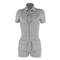 thumbnail image 3 of Women's Summer Bodycon Romper Athletic High Waist Short Sleeve Jumpsuit with Pockets One Piece Slim Zip Front Playsuit, Gray, XL, 3 of 4