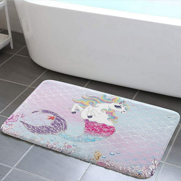 Funny Unicorn Bath Mat Rug for Kids, Mermaid Gradient Pink Little Girl Non Slip Bathroom Mats Rugs, Durable Soft Flannel 3D Print Rug Kitchen Bedroom Indoor 17X29in