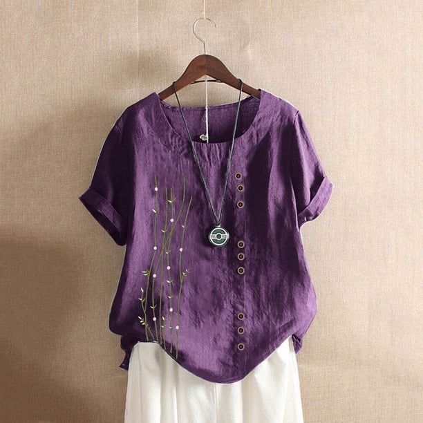 Fiudx Ofertas de La Semana Blusa Informal de Manga Corta con Cuello Redondo y Botones Sueltos para Mujer