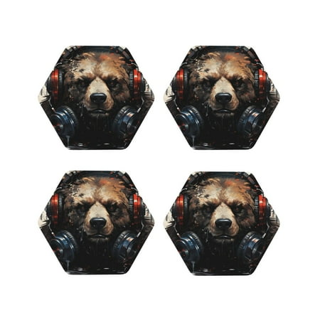 

Honeii Urban Bear With Headphones Print Leather Coaster Set of 4 Ideal for Safeguarding Your Furniture from Drinks Spills and Effortless Cleanup-Hexagon