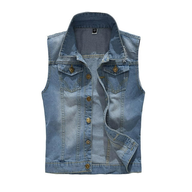 Fengqque Men's Fit Retro Ripped Denim Vest Sleeveless Jean Vest and Jacket Light Blue L(L)