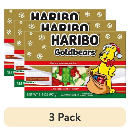 (3 pack) HARIBO Holiday Edition Gummies Red and Green Goldbears Gummy Candy, 3.4oz, Gift Box