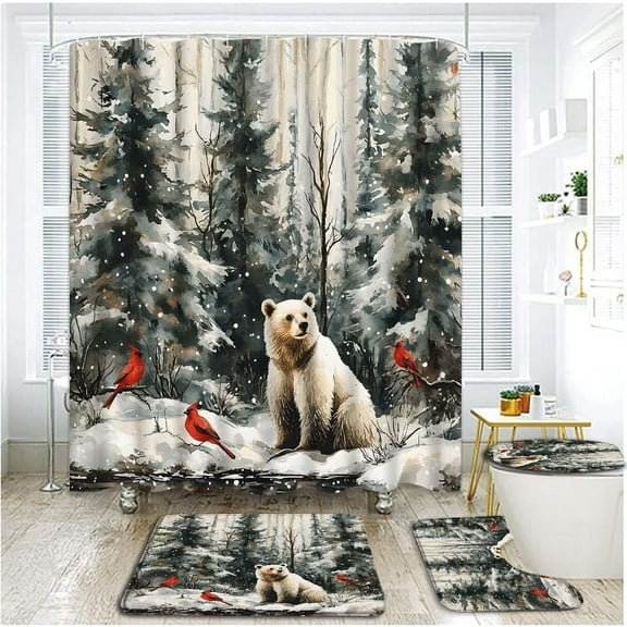 4 Piece Winter Forest Bear Shower Curtain Set with Rugs, Toilet Lid Cover,Rustic Cabin Hunting Polar Bear Xmas Red Bird Snow Scene Pine Tree Fir Wild Animal Bathroom Shower Curtain with Hooks