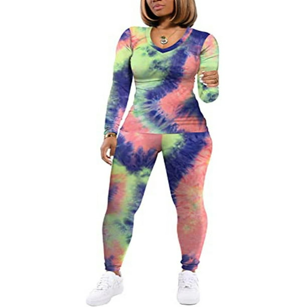 UKAP - Fashion Tie Dye Print Tracksuit for Women V Neck Crop Top and Track Pants Slim Fit Active