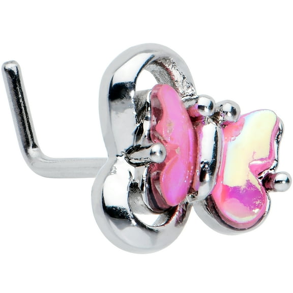 Body Candy Womens 20G Stainless Steel L Shaped Nose Ring Pink Butterfly Nose Stud 7mm